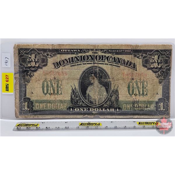 Dominion of Canada $1 Bill 1917 : ONE at right : Saunders #T-517658