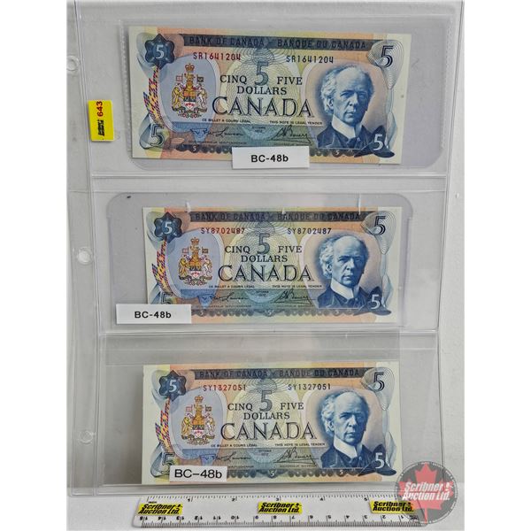 Canada $5 Bills 1972 (3): - Lawson/Bouey #SR1641204 - Lawson/Bouey #SY8702487 - Lawson/Bouey #SY1327