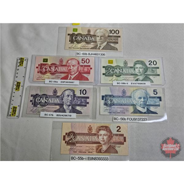 Canada Bills ~ Bird Series Collector Combo (6): - $100 Bill 1988 : Bonin/Thiessen #BJH4601306 - $50