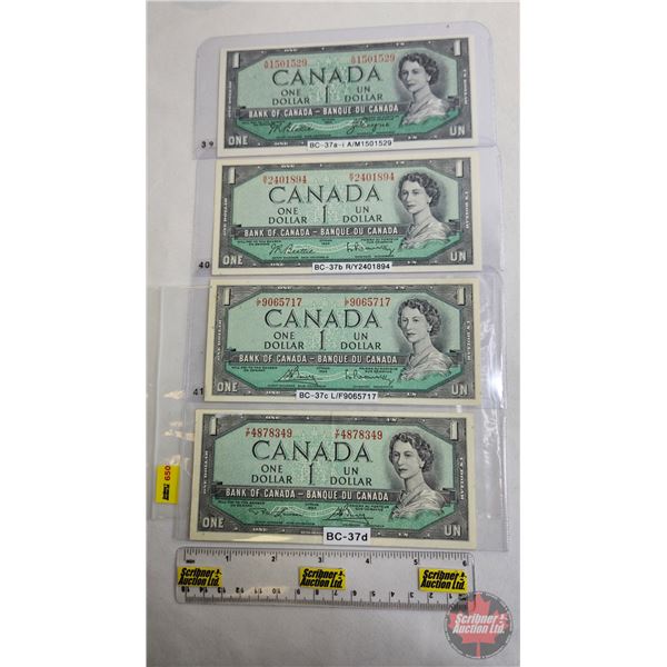 Canada $1 Bills 1954 (4): - Beattie/Coyne #AM1501529 - Beattie/Rasminsky #RY2401894 - Bouey/Rasminsk