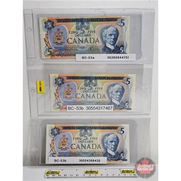 Canada $5 Bills 1979 (3) : - Lawson/Bouey #30260844751 - Crow/Bouey #30554317467 - Crow/Bouey #30554