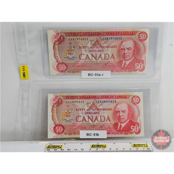 Canada $50 Bills 1975 "Musical Ride" (2): - Lawson/Bouey #EHB1976052 - Crow/Bouey ##EHG8093823