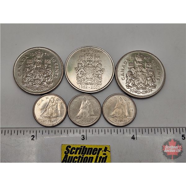 Canada Coins (6) Collector Combo : - (3) Ten Cent : 1970; 1970; 1970 - (3) Fifty Cent: 1969; 1978; 2