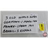 Image 9 : Foreign Bills (3): - Germany : 1 Mark 1914 - France : 1 Franc 1917 - Brazil : 5 Estados