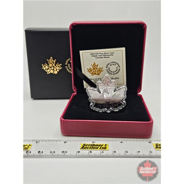 RCM Canada 2016 $10 Fine Silver Coin : Maple Leaf Silhouette : Canada Geese (COA #02043) (99.99%) (G