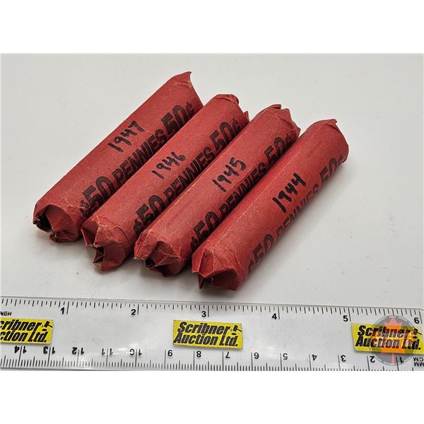 Canada One Cent Rolls (4) : 1944; 1945; 1946; 1947 (200 Coins)