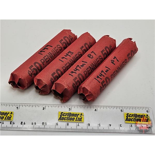 Canada One Cent Rolls (4) : 1947ML Blunt 7; 1947ML Pointed 7; 1948; 1949 (200 Coins)