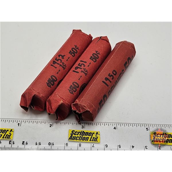 Canada One Cent Rolls (3) : 1950; 1951; 1952 (150 Coins)