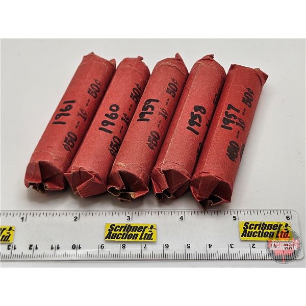 Canada One Cent Rolls (5) : 1957; 1958; 1959; 1960; 1961 (250 Coins)