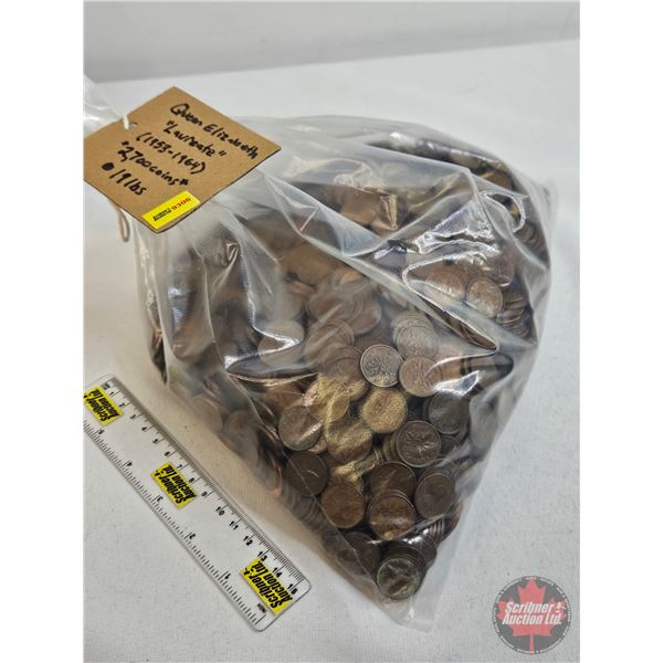 BULK : Canada One Cent : Queen Elizabeth "Laureate Portrait" (1953-1964) (Consignor Tag: 19.3lbs : 2