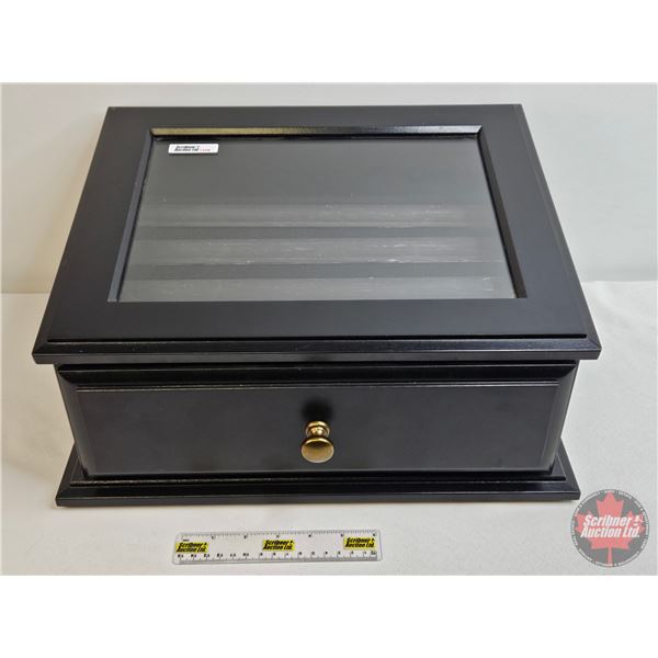 Countertop Coin Storage/Display Case (Black) : Sloped Glass Top Flip Up Door : 1 Bottom Drawer (8-1/