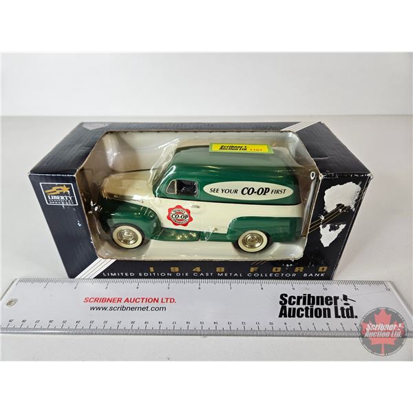 Truck Bank : 1948 Ford Panel Van "CO-OP" (Spec Cast) (Box Measures : 4"H x 8-3/4"W x 4"D)