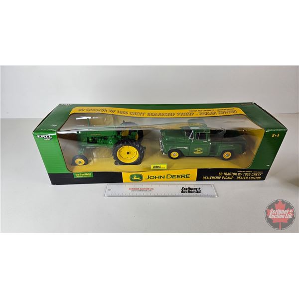 John Deere 60 Tractor with 1955 Chevy Dealership Pickup - Dealer Edition (ERTL) (Scale 1:16) (Box Me