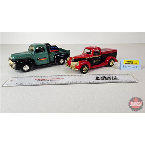 Truck Banks (2) : Ford - New Holland - Auto Parts Plus (Missing Bottom Plate & Key)