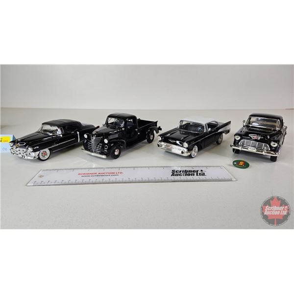 Variety of Black Metal Diecast Vehicles (4) :  - Cadillac - 1957 Chev Bel Air - Plymouth Truck - Che
