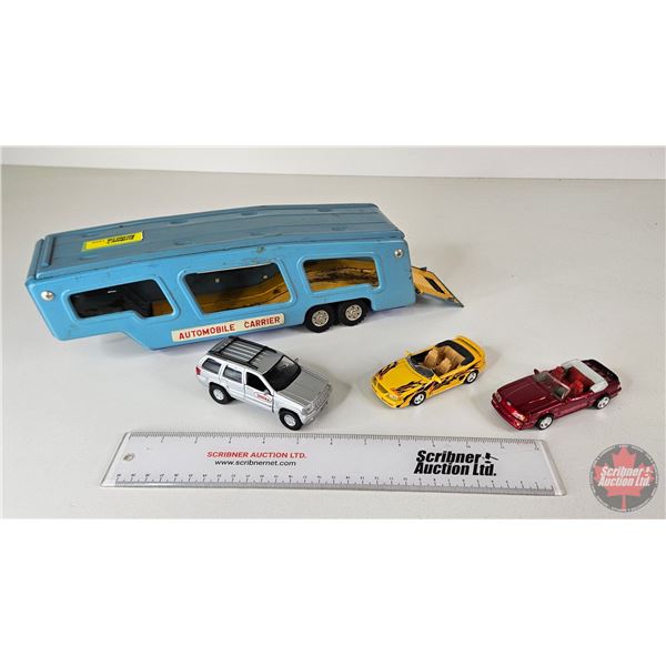 Tin Toy Automobile Carrier Trailer w/ (3) Diecast Vehicles (Scale 1:43) (Trailer Measures : 13-1/2"L