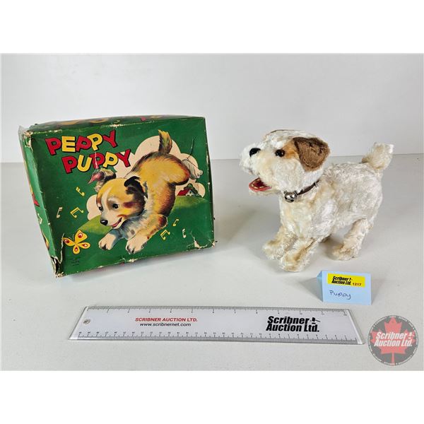 Vintage Wind Up Toy Peppy Puppy c/w Orig. Box (Made By ALPS Japan) (Working) (Box Measures : 3"H x 9