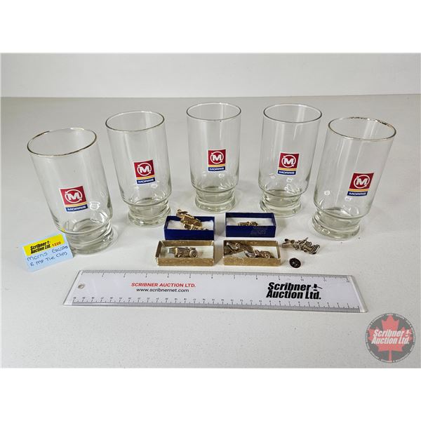 MORRIS Collector Combo:  - Drinking Glasses (4) (Glasses Measures: 5-1/2"H) - MF Tie Clips (7)