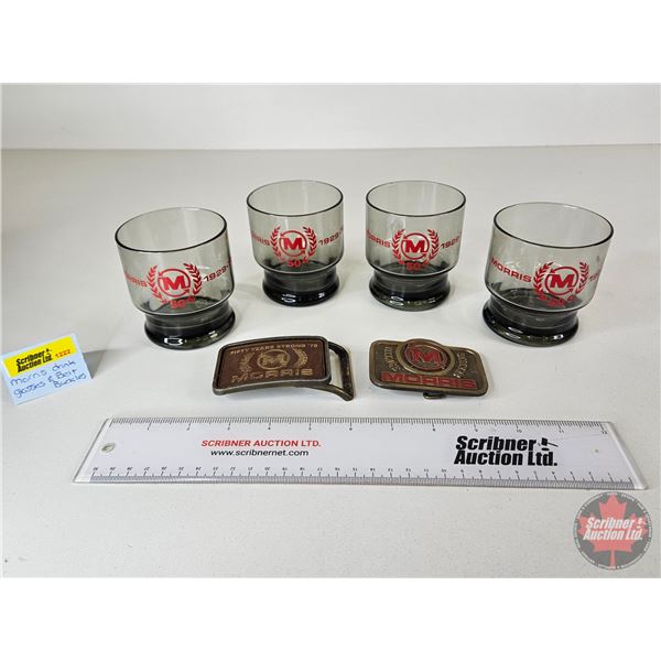 MORRIS Collector Combo : - Morris Drinking Glasses (4) (Glasses Measures : 3-1/4"H) - Belt Buckles (
