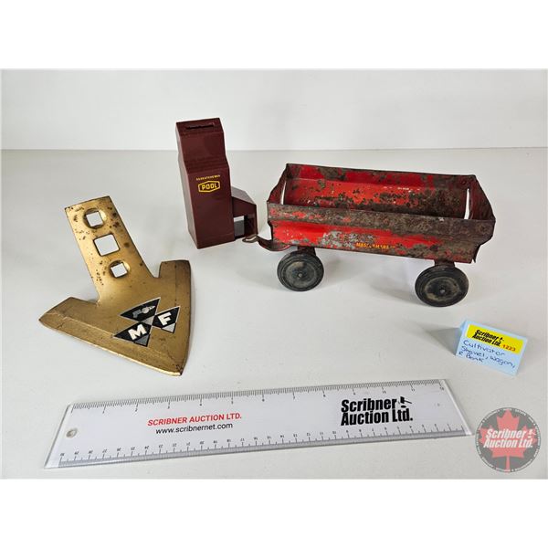 Collector Combo (3) : - MF Cultivator Shovel - Massey Harris Toy Wagon - Saskatchewan Wheat Pool Ban