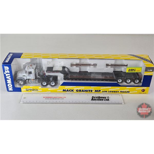 Mack Granite MP w/ Lowboy Trailer (First Gear) (Scale 1:50) (Box Measures : 4"H x 18"W x 3-1/4"D)
