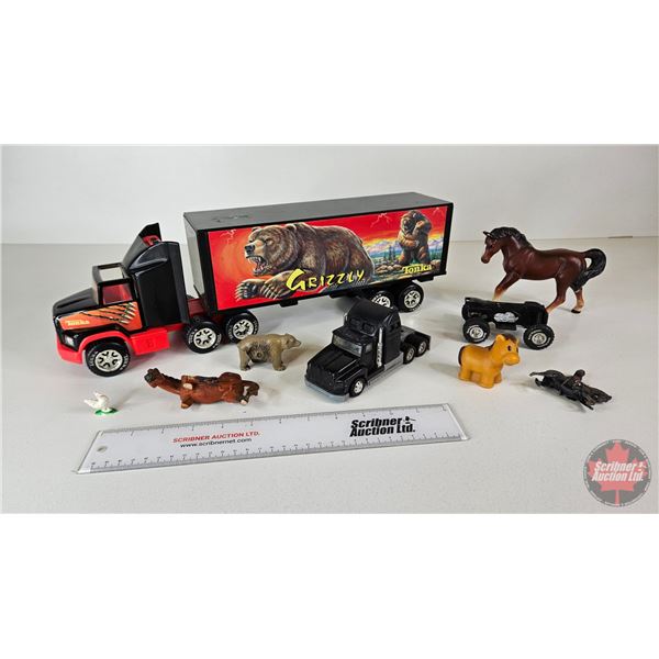 Variety of Toys including Tonka Semi Truck, Horse Figurines, etc