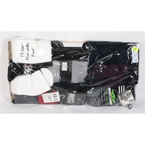 12 PAIRS OF NEW MENS SOCKS, INCLUDES ONE