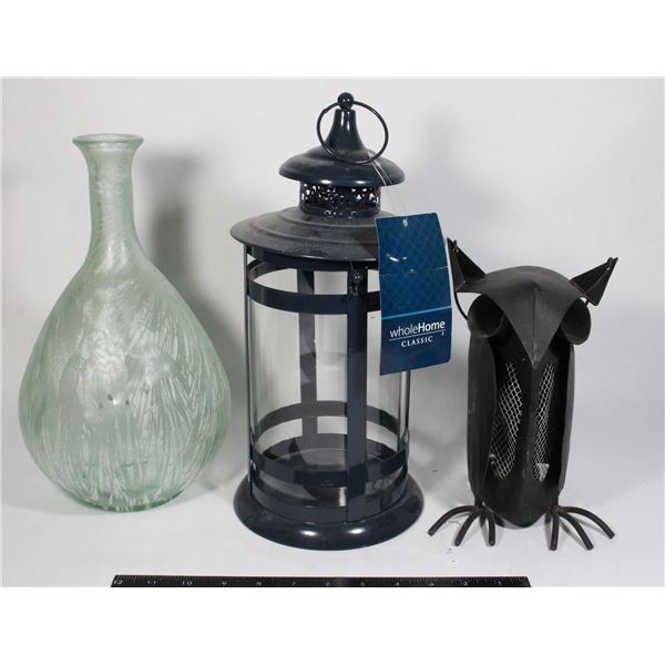 VINTAGE ITEMS CANDLE OWL, GLASS, LANTERN.