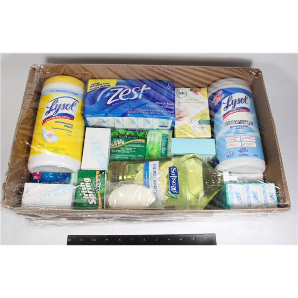 LOT OF BATH SOAPS AND CLEANING SUPPLIES INCLUDING