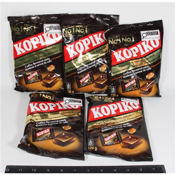 FIVE BAGS OF KOPIKO COFFEE FLAVORED CANDY 120G EA
