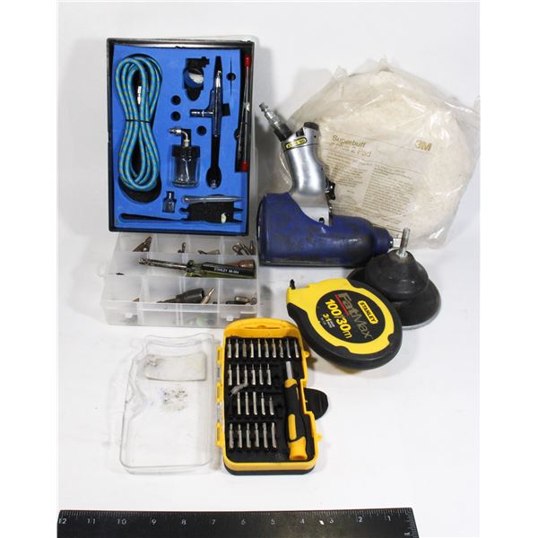 MISC. TOOLS INCLUDING STANLEY 100' TAPE MEASURE, AIR IMPACT,