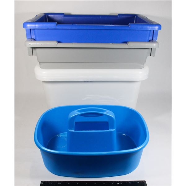4 TOTES (NO LIDS)  AND CLEANING CADDY