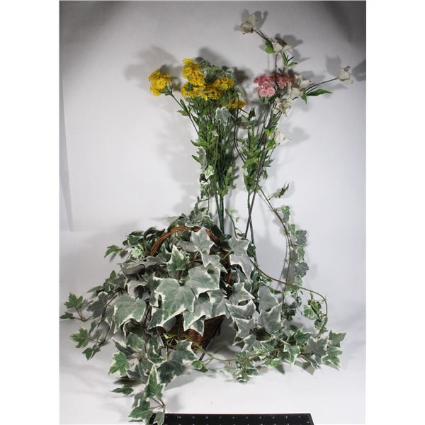 WICKER BASKET WITH FAUX FLOWERS AND IVY PLANTS