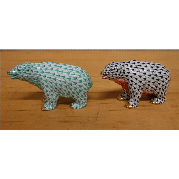 Qty 2 Herend Hungary Bear Figurines w/ Fishnet Pattern & Gold Accents 4.5" x 2.5"H