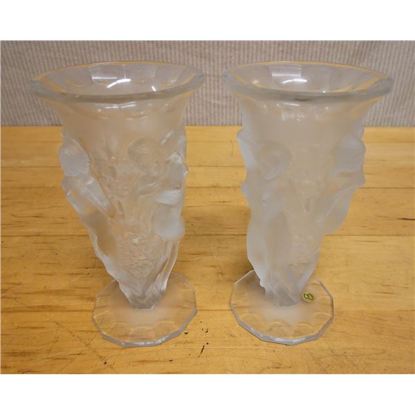 Qty 2 Bohemia Handmade Art Deco Style Frosted Crystal Glass Vases 4.75" Dia, 8.5"H