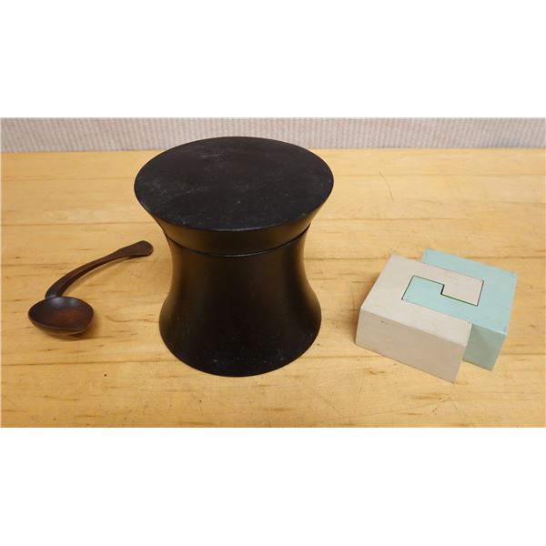 Japanese Lacquered Natsume Container, Small Spoon for Tea & Cube Puzzle, Misc Sizes