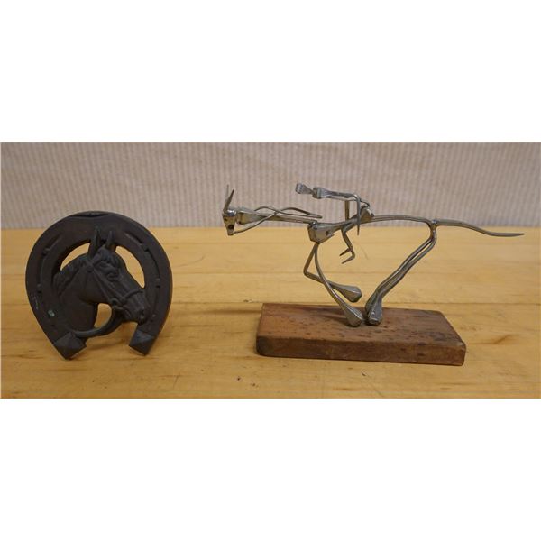 Man Riding Horse Metal Sculpture Made of Hardware & Horseshoe Ornament w/ Horse's Head, Misc Sizes