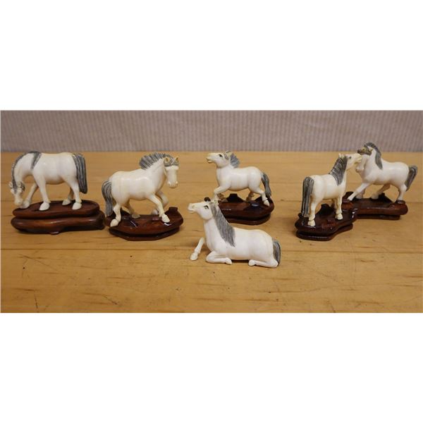 Qty 6 White Horse Figurines, Some on Wood Bases, Misc Sizes