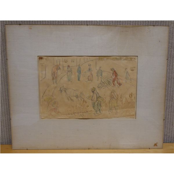 Vintage Sketch Artwork w/ Dedication 20" x 16", Mounted & Matted