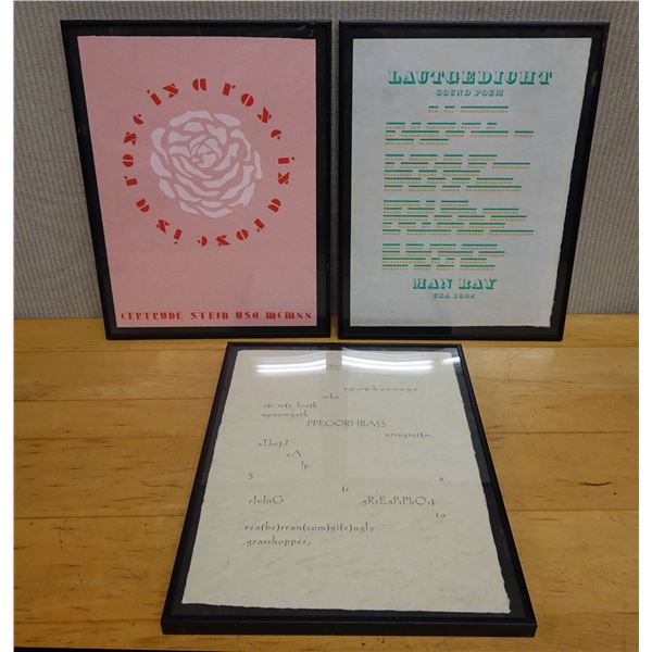 Qty 3 Framed Artworks 14" x 17":  Gertrude Stein USA MCMSS, Lautgedicht & Grasshopper