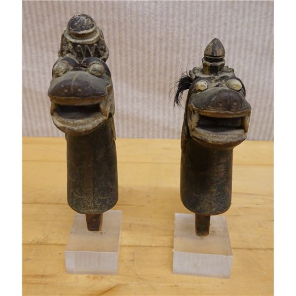 Qty 2 Carved Guardian Animal Sculptures on Bases 8"-8.5"H