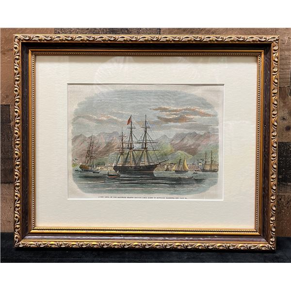 Queen Emma Leaving H.M.S. Alert in Honolulu Harbour Hand Colored 1858 Engraving 16" x 12", Framed & 