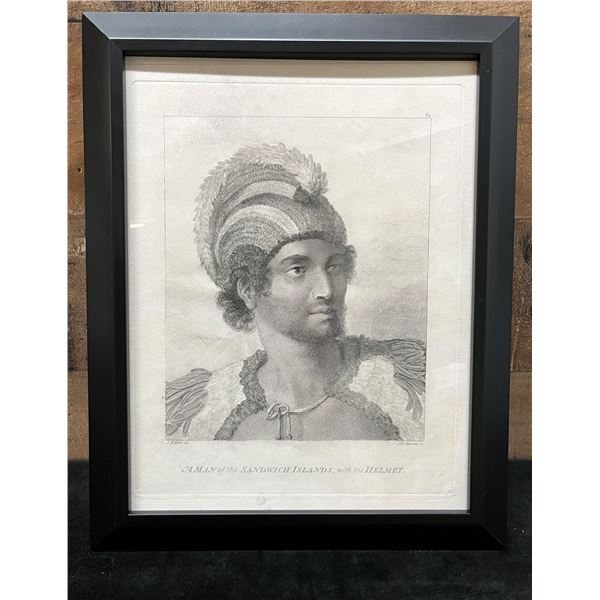 Man of the Sandwich Islands with Helmet 1785 Engraving Folio Edition 17" x 13", Framed & Matted