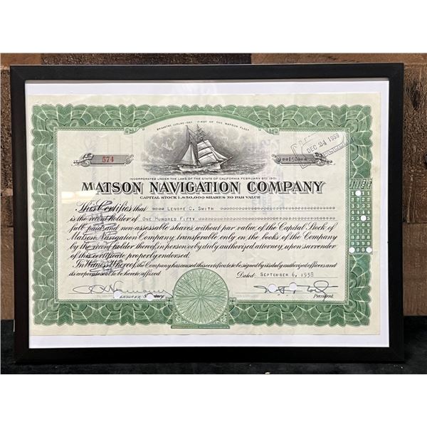 Matson Navigation Company 1938 Stock Certificate 150 Shares 12" x 9", Framed