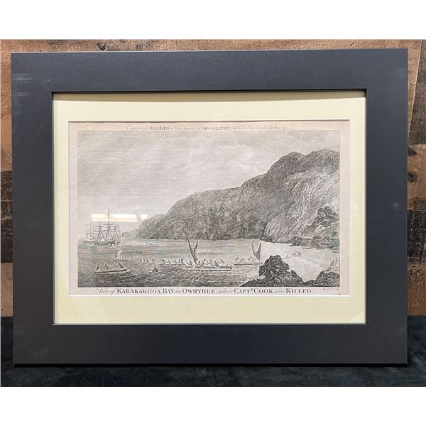 View of Karakakooa Bay in Owhyee Where Captain Cook was Killed 1788-90 Engraving 19.5" x 15.5", Fram