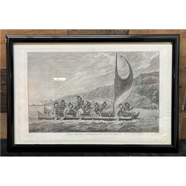 Canoe of the Sandwich Islands w/ Masked Rowers 1785 Engraving Folio Edition 19" x 13", Framed & Matt
