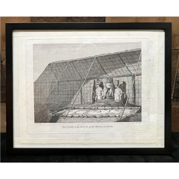 Inside of the House in the Morai in Atooi 1785 Engraving Folio Edition 15" x 12", Framed & Matted