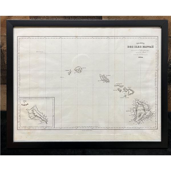 Hawaiian Islands Map from 1826-1829 Voyage in the Pacific Engraving 15" x 12", Framed