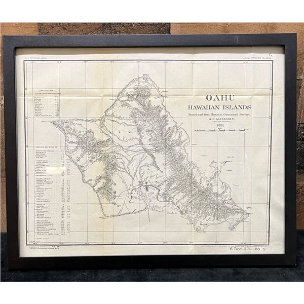 Map of Oahu, Hawaiian Islands 1893 from US Geological Survey 15" x 12" Framed