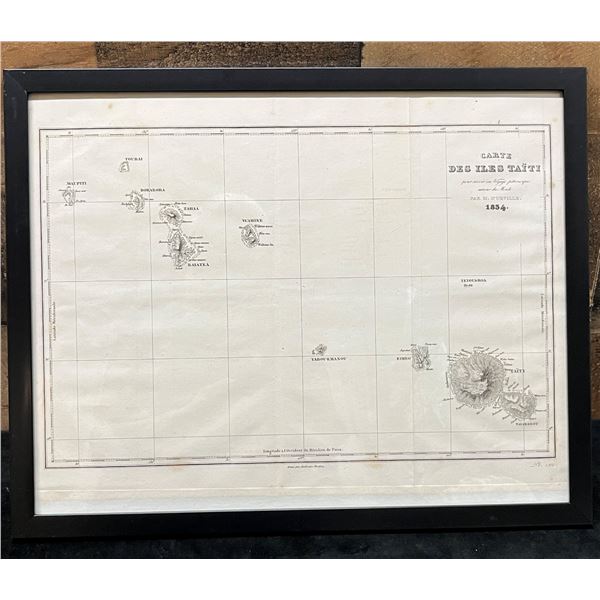 Map of Tahiti 1835 Steel Engraved, Paris 15" x 12", Framed